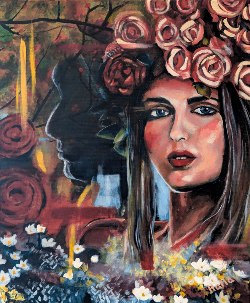 A painting of the face of a woman to the right, wearing flowers on her head. On the left is a shadow of a face and flowers.