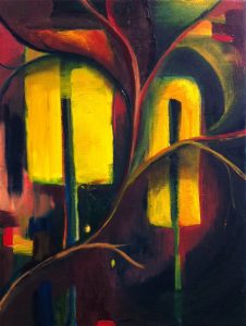 A dark organic painting with two bright and yellow soft cornered rectangles, longer than they are wide, in the middle taking up a good portion of the canvas. Branch-like lines cross the yellow rectangles who also have dark vertical lines through the middle of them.