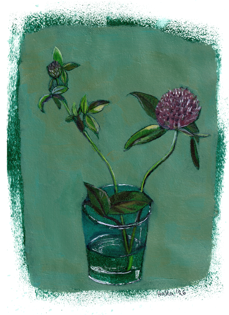 Red clover stem in a water glass, pen and acrylic still life art print on green background