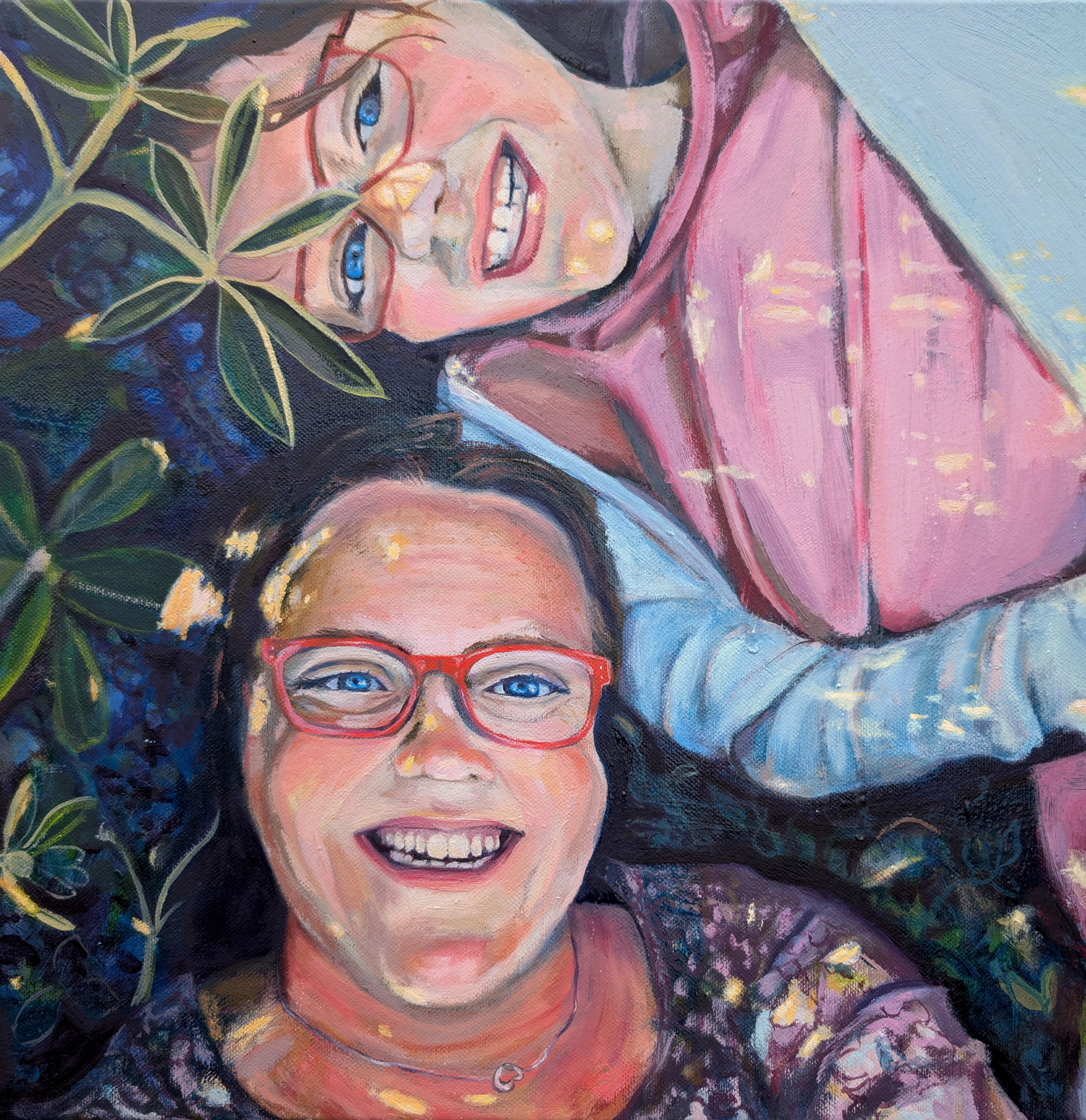 A painting of a mother and daughter, lying in a field of plants. Seen from above.